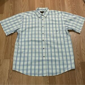Ariat Mens Large Short Sleeve Button Down Western Shirt Beige Plaid Cowboy